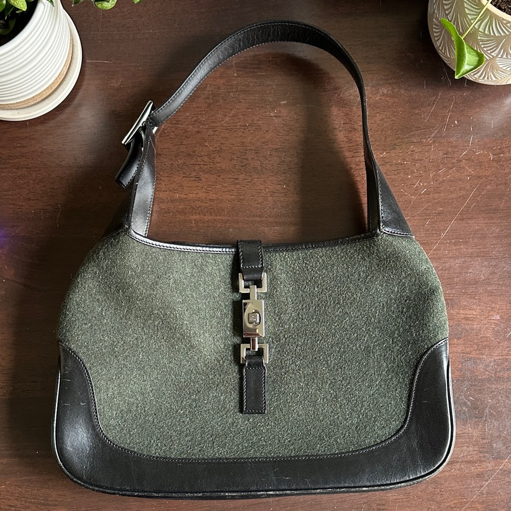 Vintage Gucci Jackie Piston Lock Green Felt Shoulder Bag